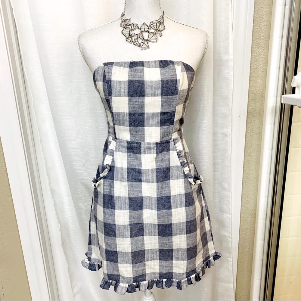 Strapless Blue and White Gingham Mini Dress